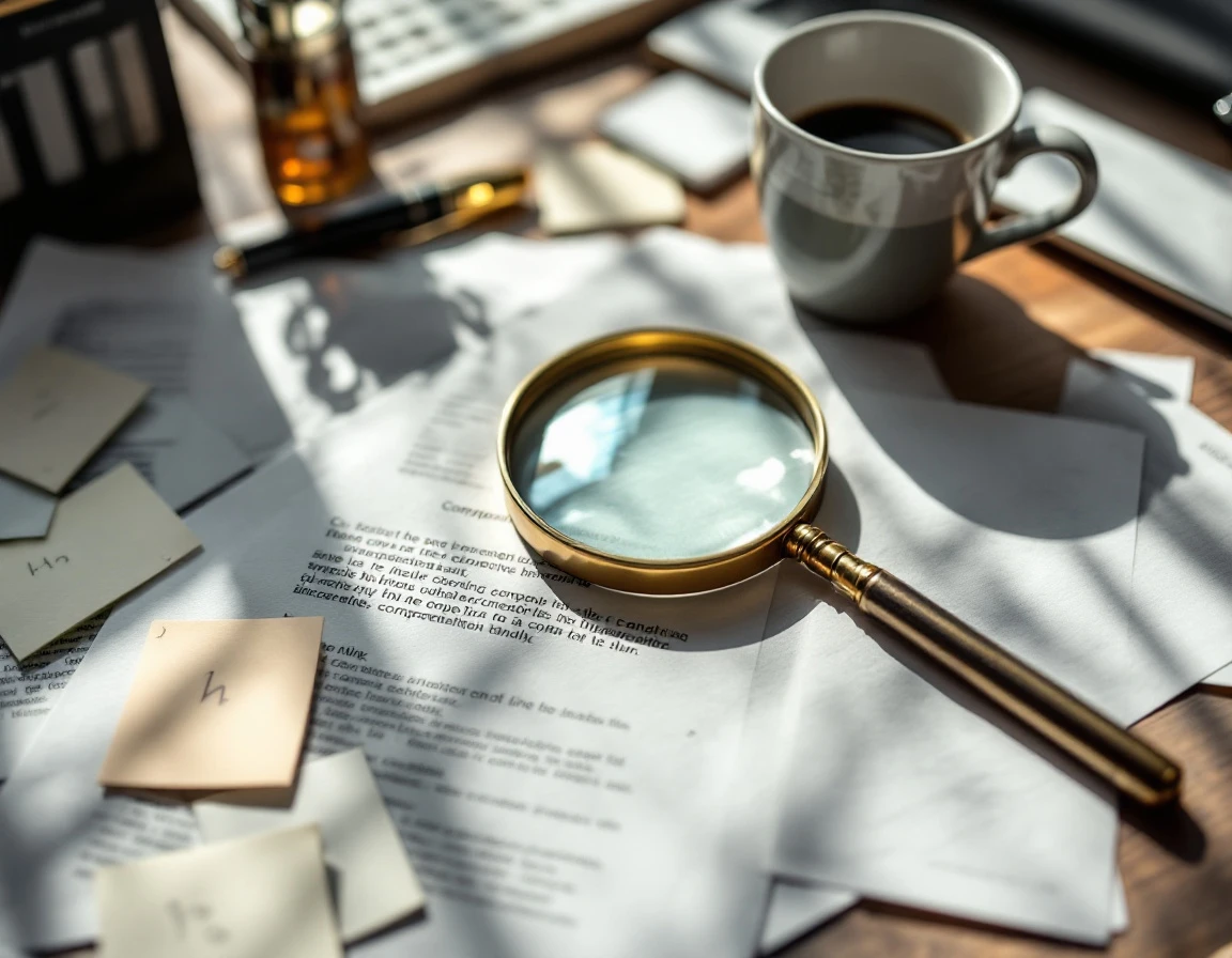 Magnifying glass on research documents with coffee mug and notes for competitive keyword analysis