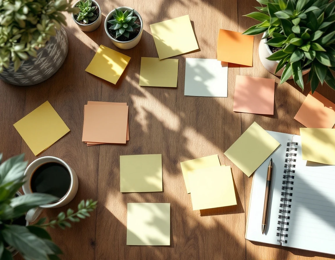 Wooden desk with blank sticky notes, coffee cups, and planning materials for organizing content clusters