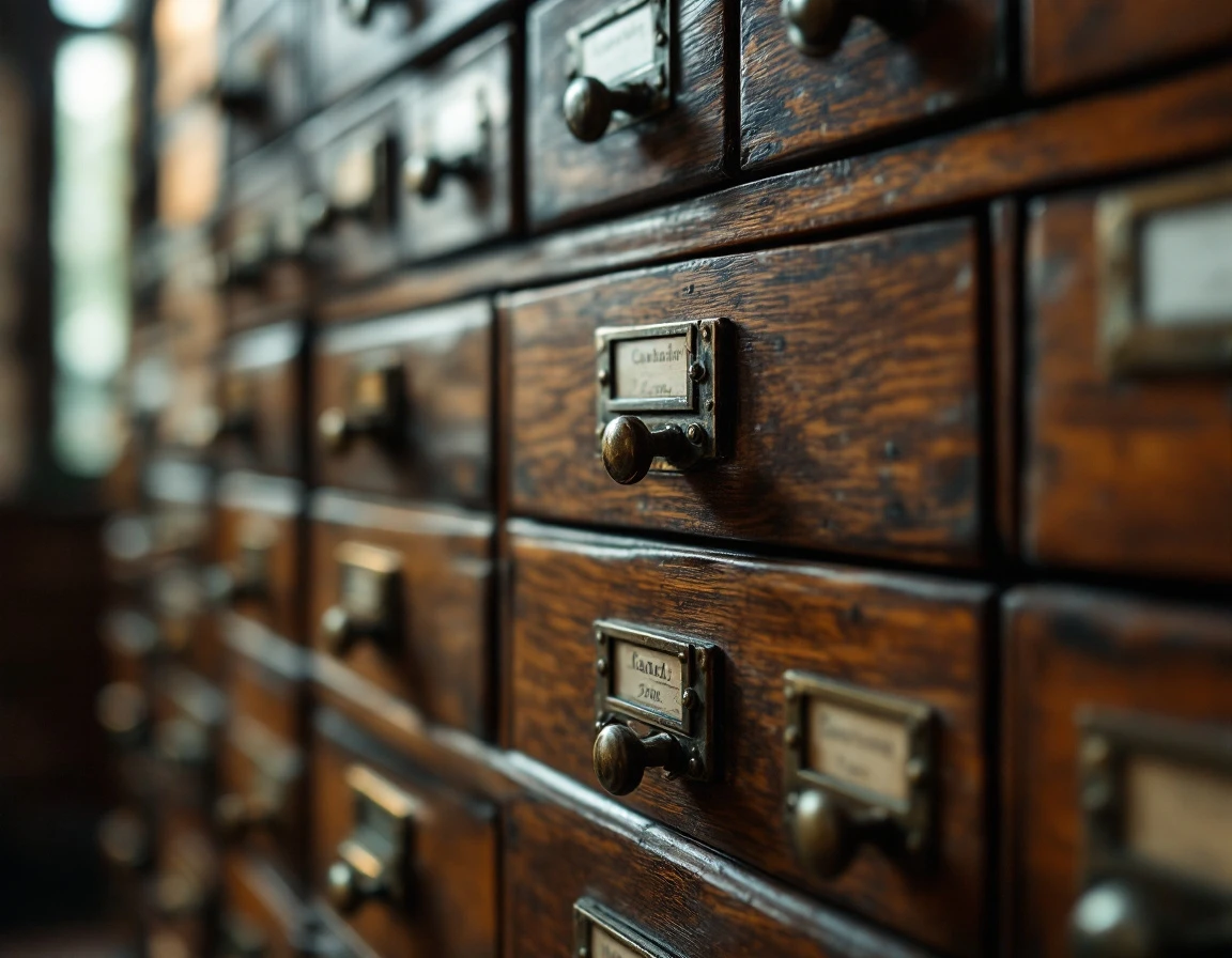 Antique wooden card catalog cabinet with brass handles in natural library lighting
