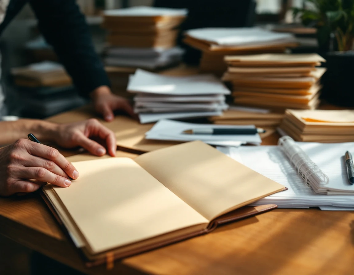 Hands organizing stacked papers and folders on wooden desk showing systematic content compilation