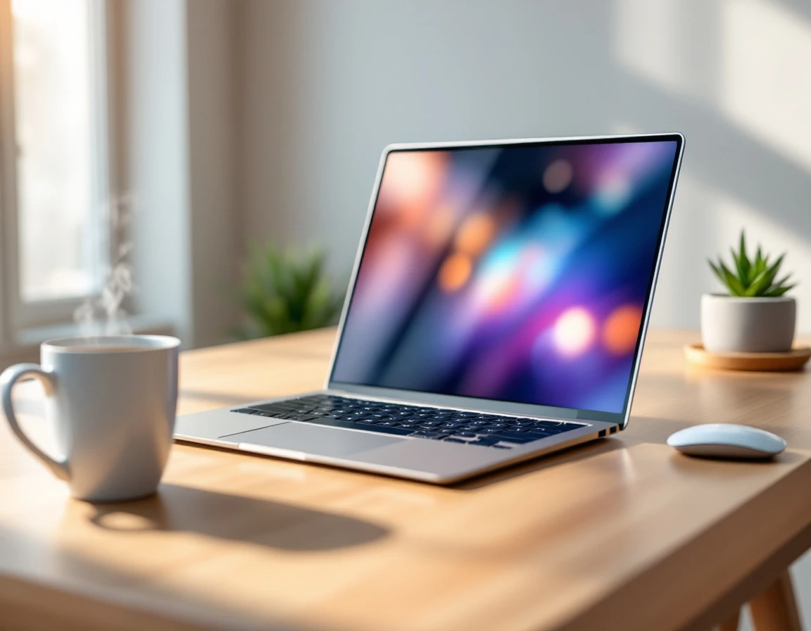 Modern laptop workspace with coffee and plants on wooden desk in natural morning light
