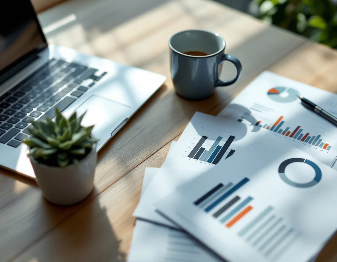 Small business workspace with laptop, plant, and chart documents showing simple data visualizations