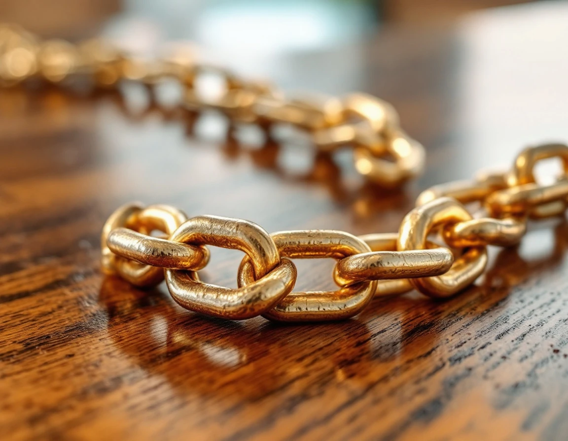 Brass chain links connected on wooden desk showing continuous interlocking pattern