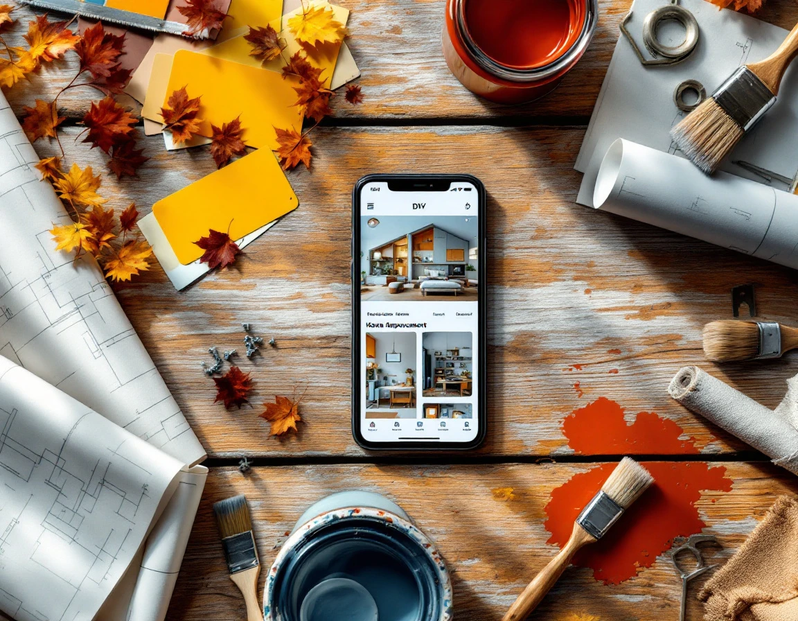 Smartphone with home improvement app surrounded by paint swatches, blueprints, and DIY tools on wooden workbench