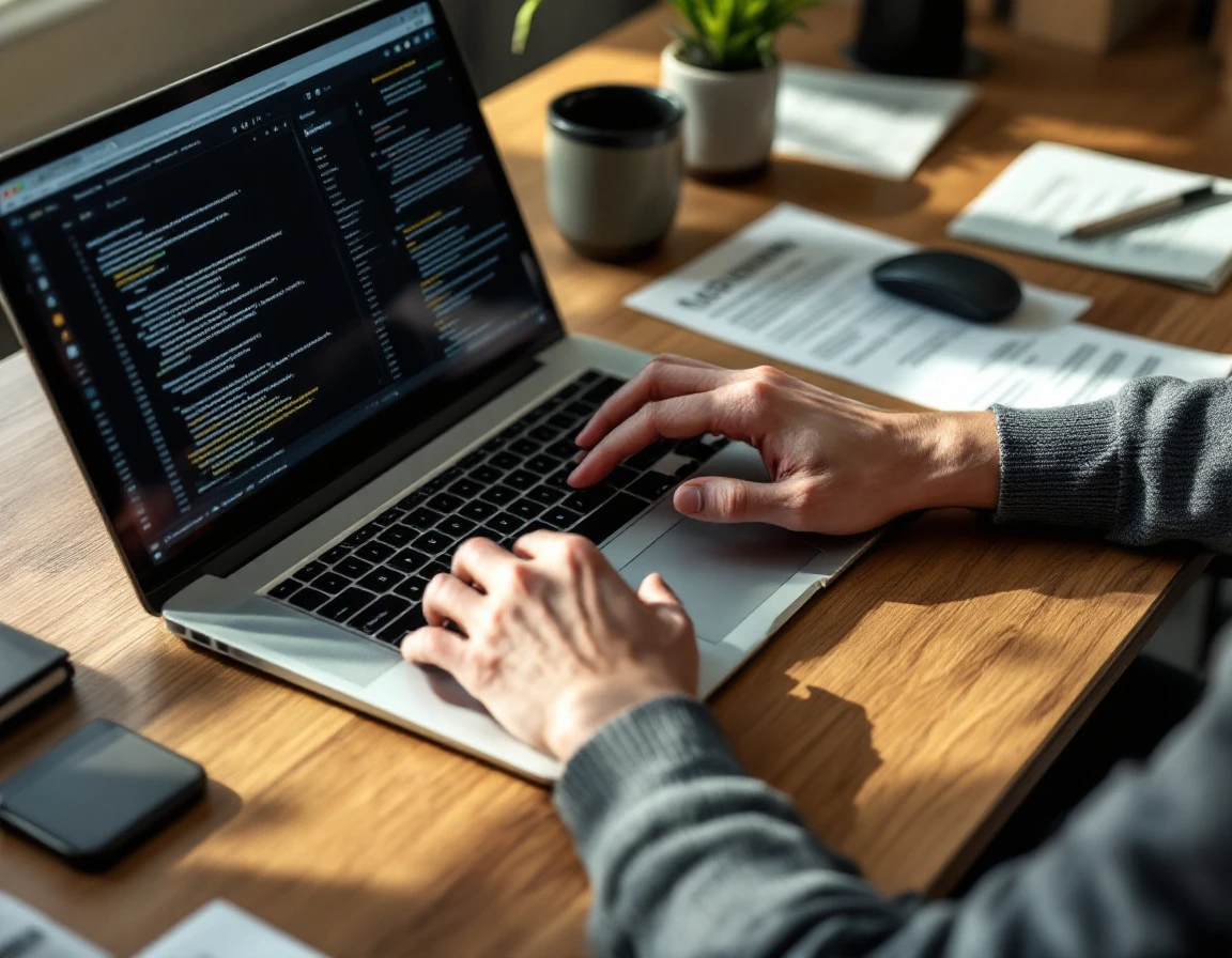 Hands typing on laptop at wooden desk with papers and coffee mug in natural lighting