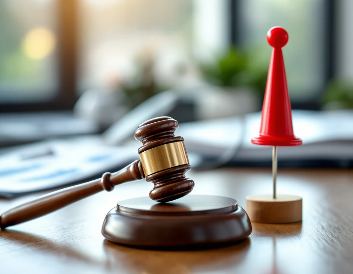 Wooden gavel, magnifying glass, and warning flag arranged on desk representing content enforcement criteria