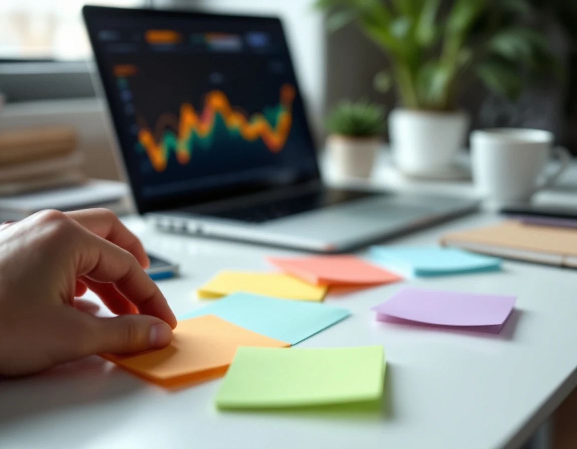 Workspace desk with colorful sticky notes, laptop, coffee, and plant showing content planning organization