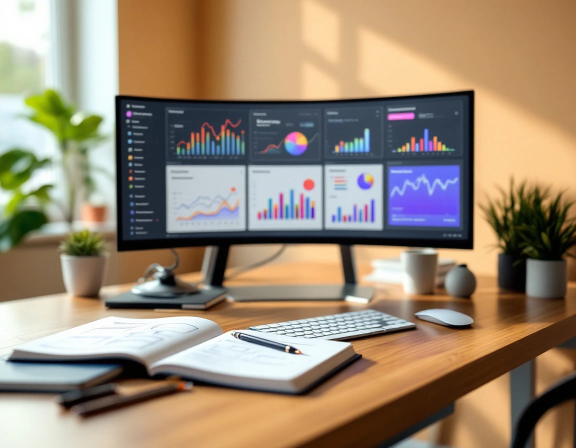 Professional workspace with monitor displaying analytics and content strategy notebooks on wooden desk