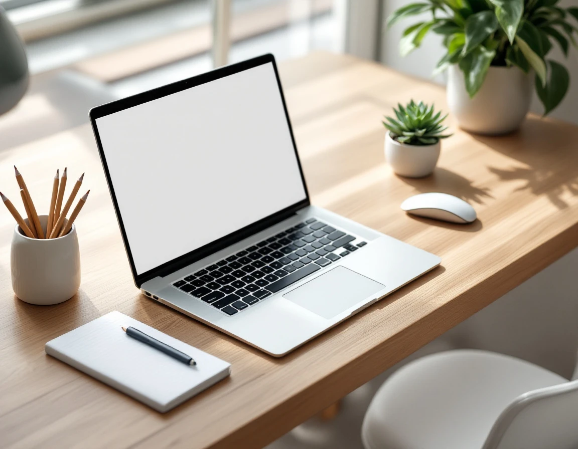 Minimalist workspace with laptop and organized desk accessories in natural light