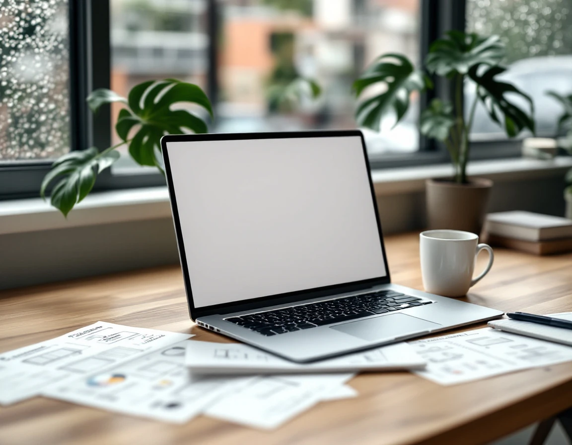 Home office desk with laptop and blurred strategic planning materials in natural window light
