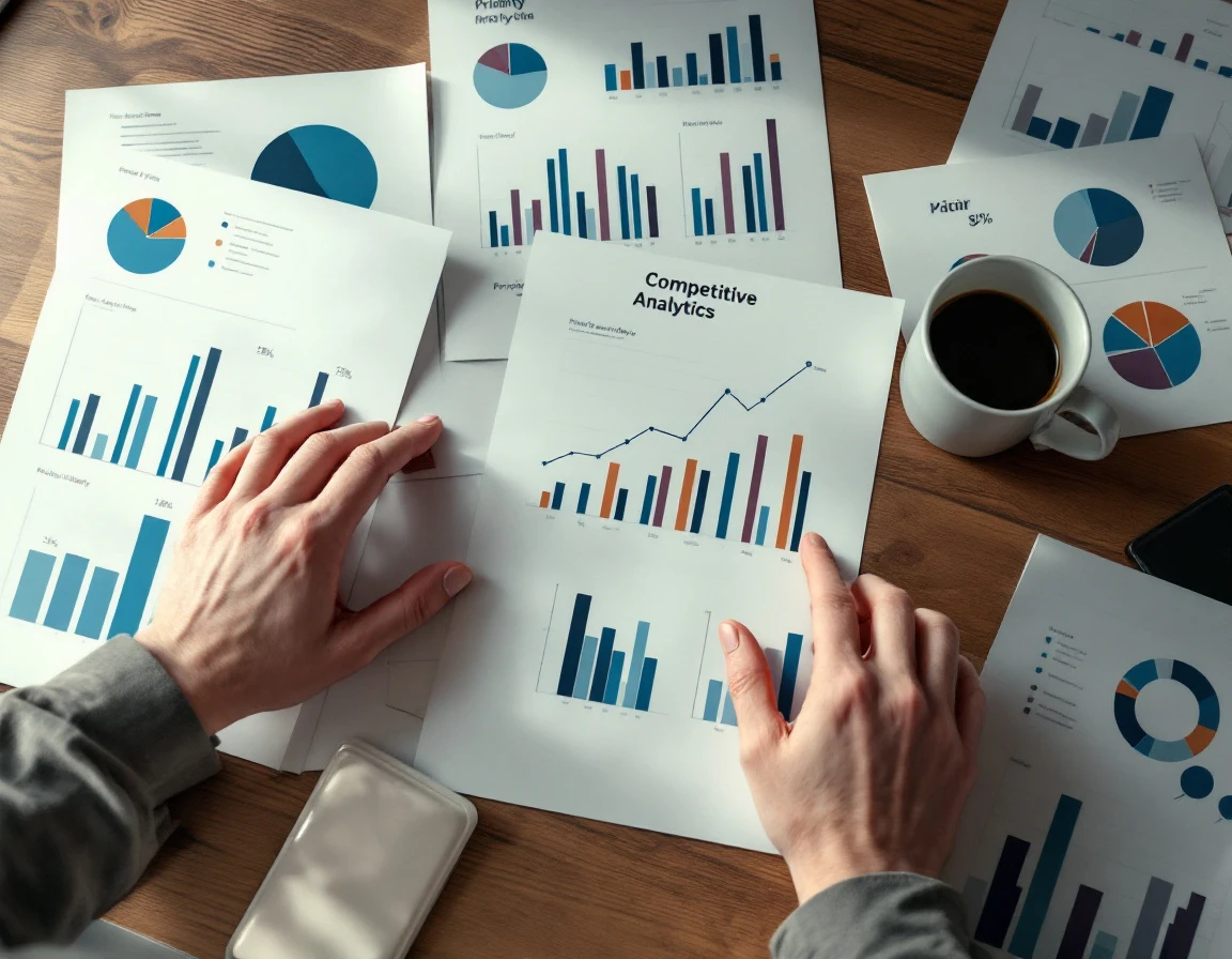 Overhead view of hands analyzing competitive intelligence charts and priority matrices on printed reports
