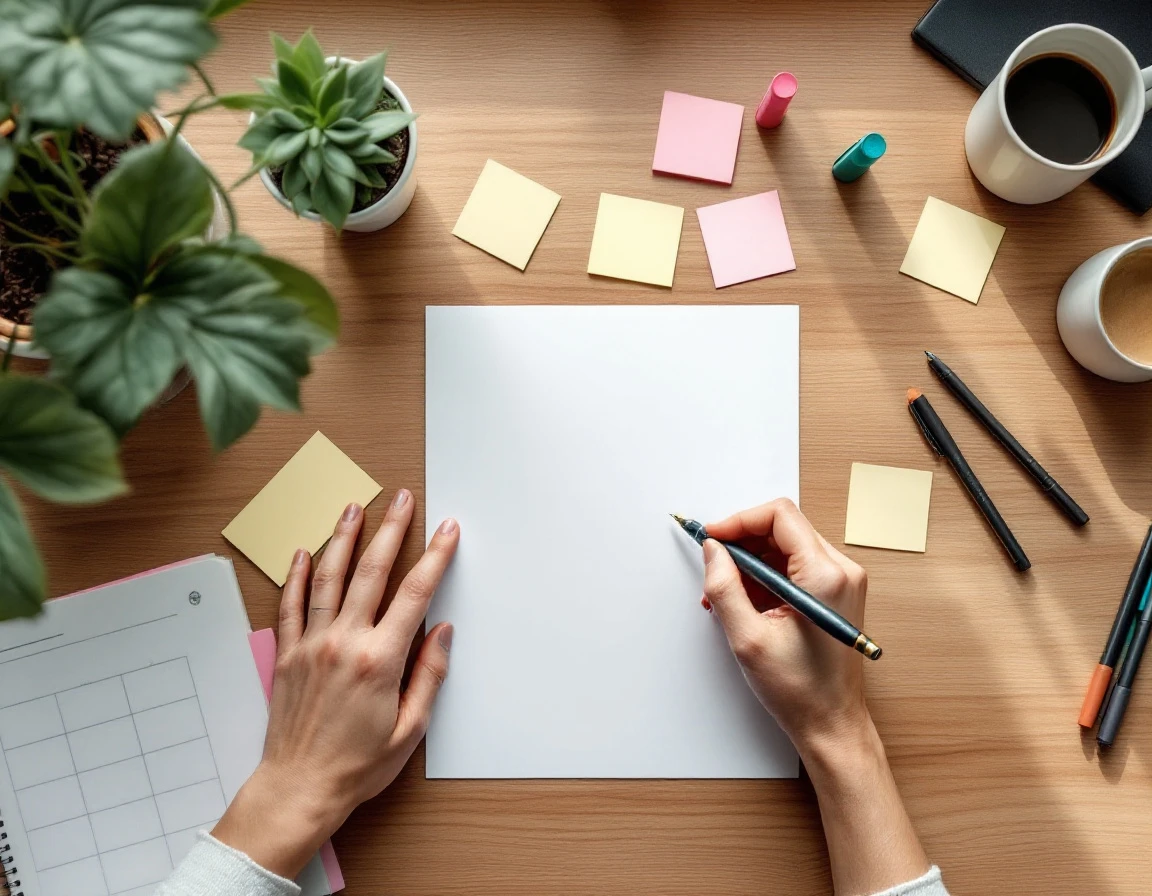 Overhead view of hands organizing sticky notes and writing materials on a clean desk with plants and coffee