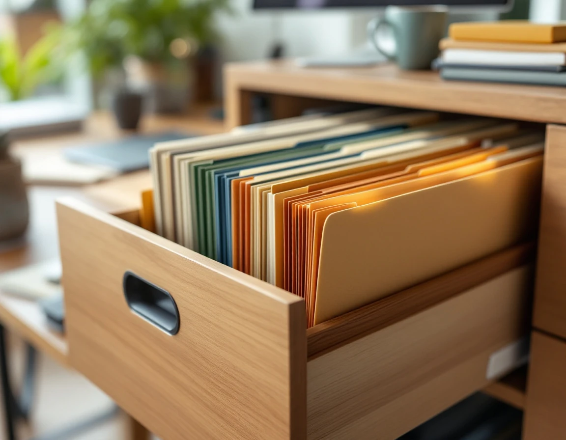 Organized desk workspace with color-coded filing system and laptop showing content library organization