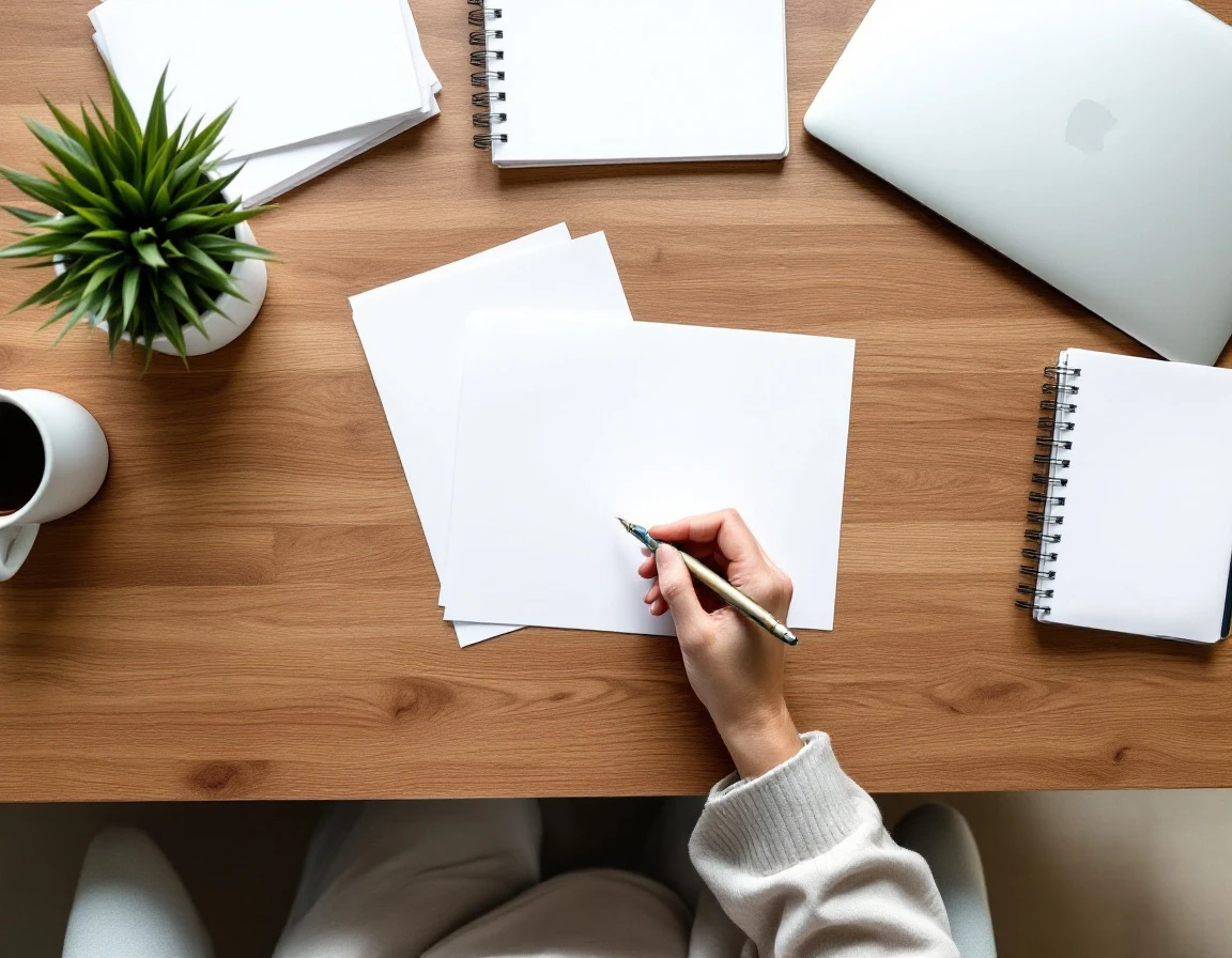 Overhead view of organized workspace with blank papers and pen on wooden desk during content evaluation process