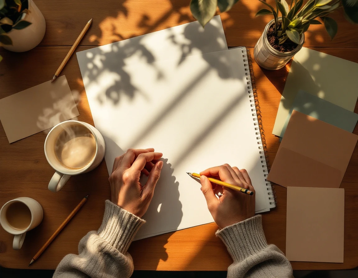 Flat-lay workspace showing hands planning DIY home improvement with color swatches and coffee on wooden surface