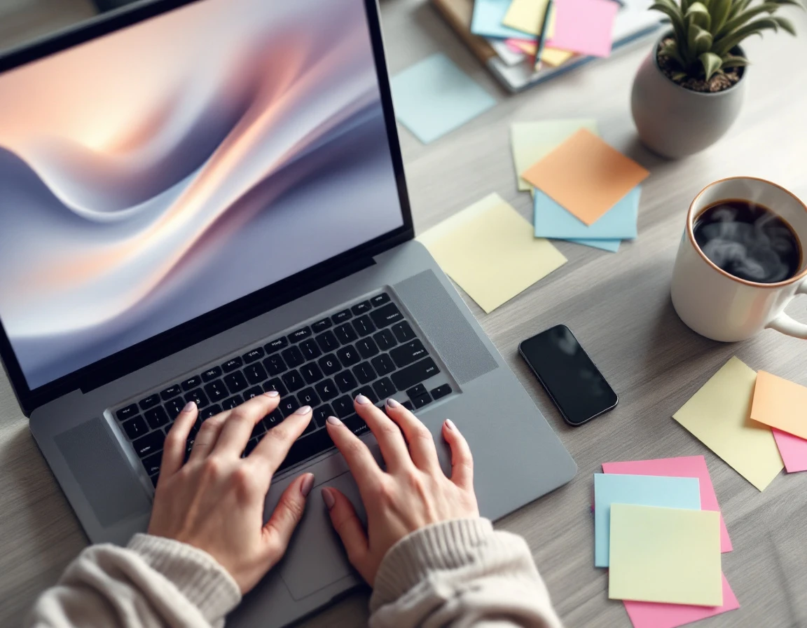 Hands typing on laptop keyboard with color-coded sticky notes and coffee on desk during content workflow review