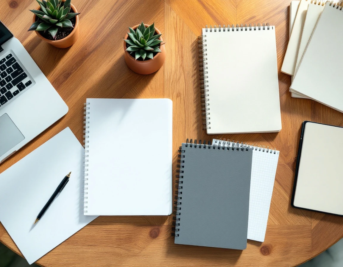 Organized desk workspace with blank notebooks and laptop for conducting content audit review
