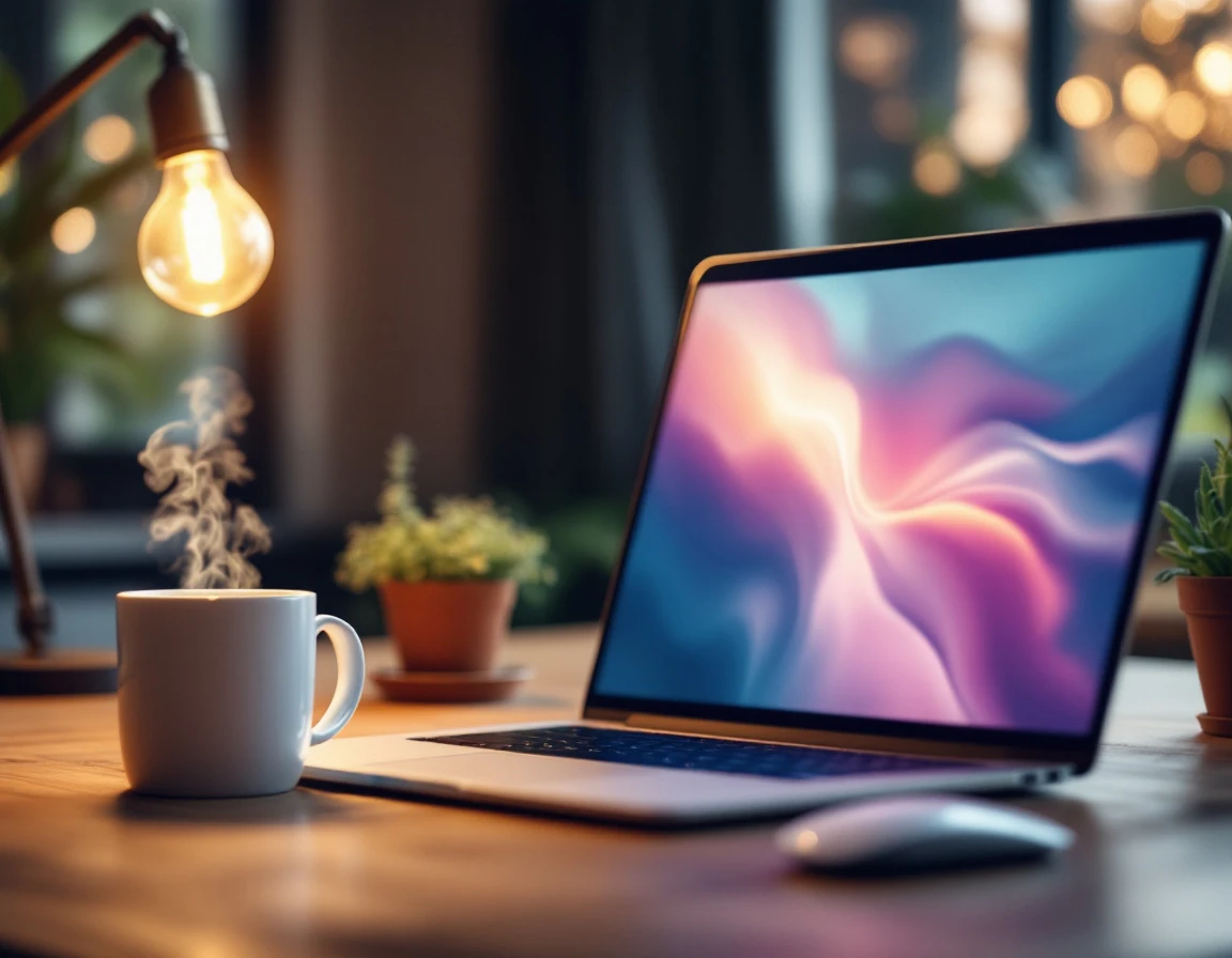 Laptop workspace with blurred screen, warm desk lighting, coffee mug and plant in professional setting