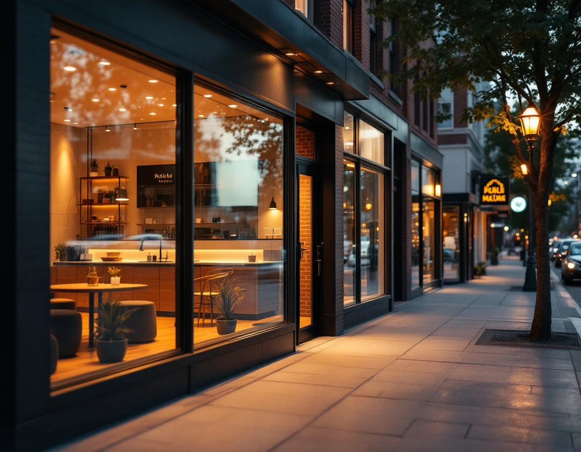 Modern small business storefront with warm interior lighting at twilight on urban street