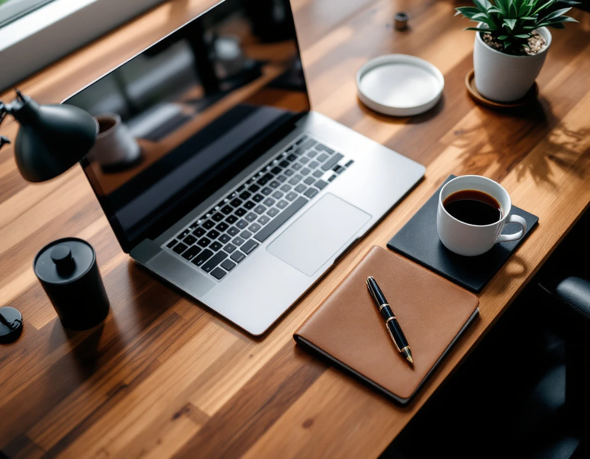 Minimalist desk workspace with laptop, fountain pen, and notebook representing strategic content decisions