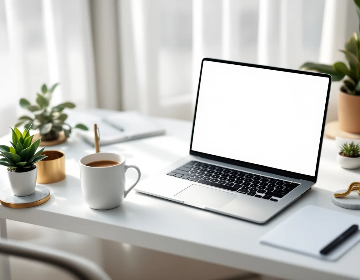 Clean minimalist workspace with laptop and coffee cup on white desk with natural window lighting