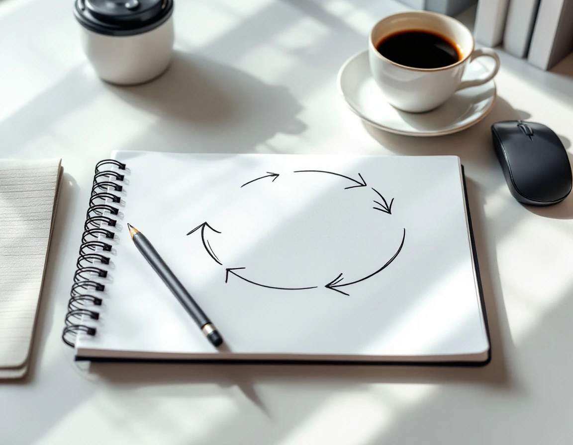 Overhead view of notebook with hand-drawn circular workflow diagram on minimalist desk workspace