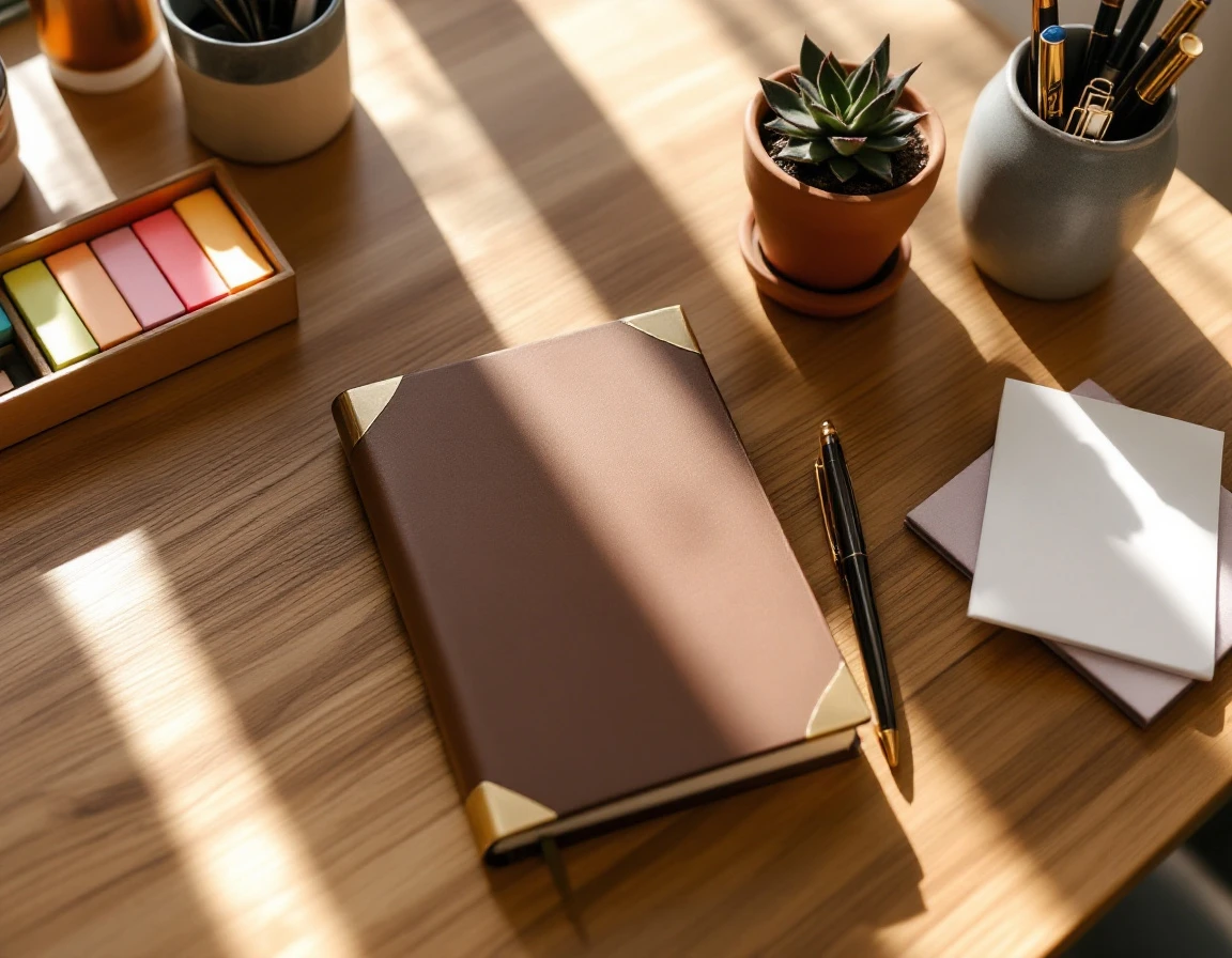 Organized desk workspace with leather journal, brass accessories, and sticky notes in natural morning light