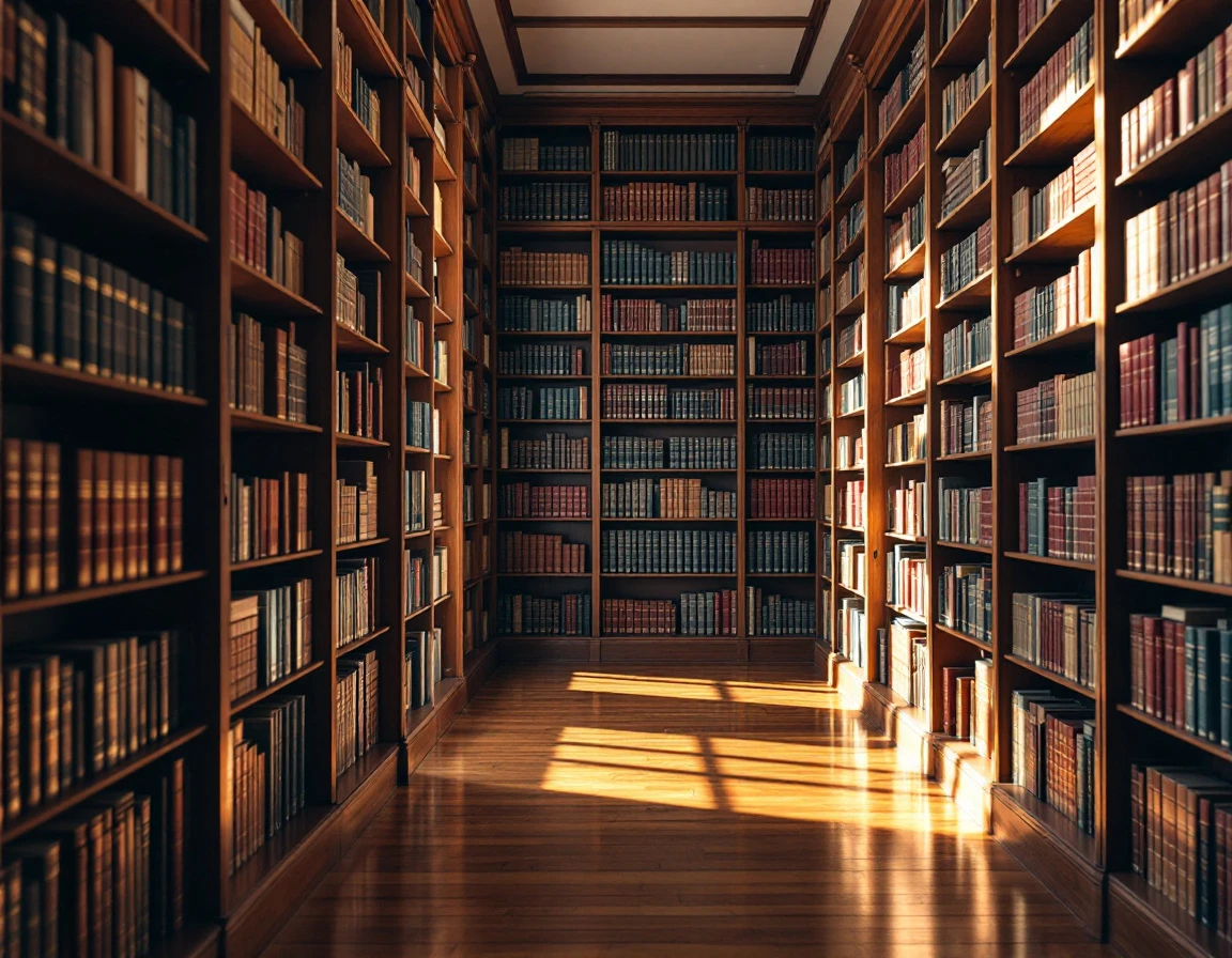 Organized wooden library shelves with leather-bound books arranged in systematic rows
