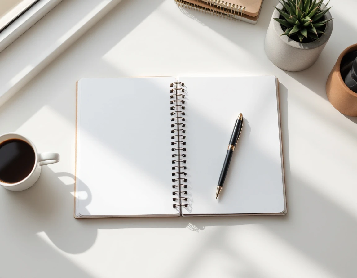 Blank planner open on desk with pen, coffee, and succulent plant in natural morning light