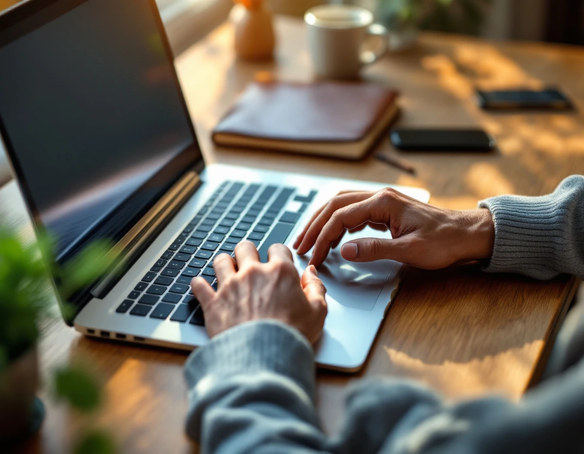 Professional workspace with laptop keyboard and coffee mug on wooden desk with natural morning lighting