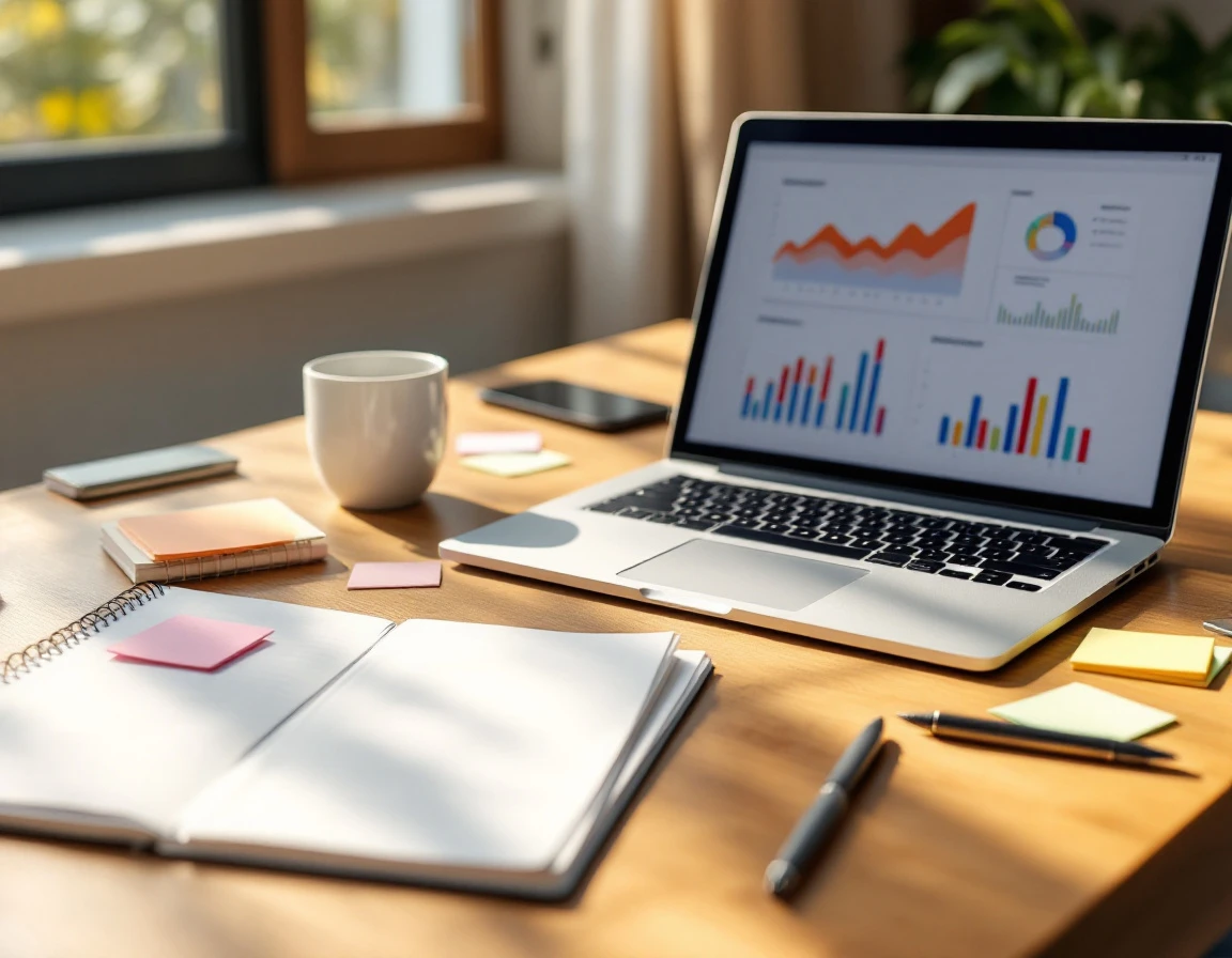 Professional workspace with laptop showing analytics charts, coffee mug, and blank planning materials