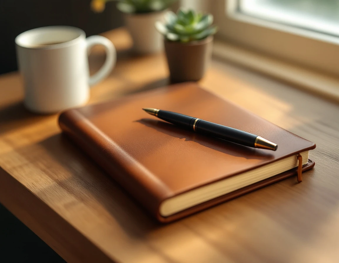 Closed leather journal with pen on wooden desk beside coffee and plant in natural morning light