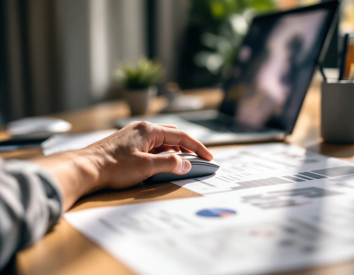 Professional workspace with laptop and analytics materials for measuring content performance