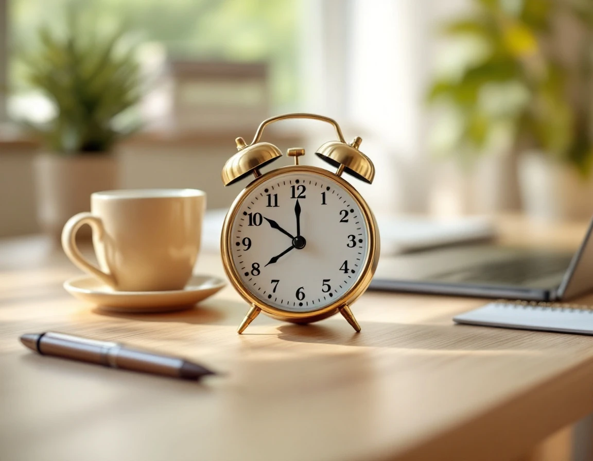 Vintage alarm clock on minimal desk with coffee mug and pen emphasizing time management and productivity