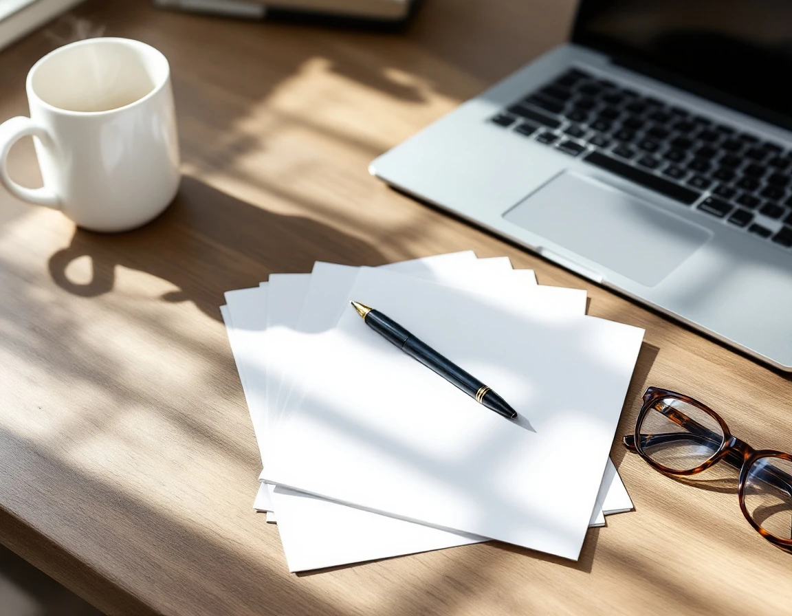 Clean workspace with notebook, pen, laptop, coffee cup, and eyeglasses on wooden desk with natural lighting