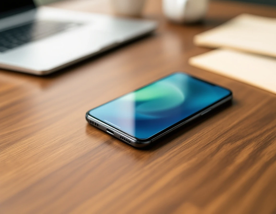 Smartphone with blurred analytics display on wooden desk beside laptop and coffee in professional office setting