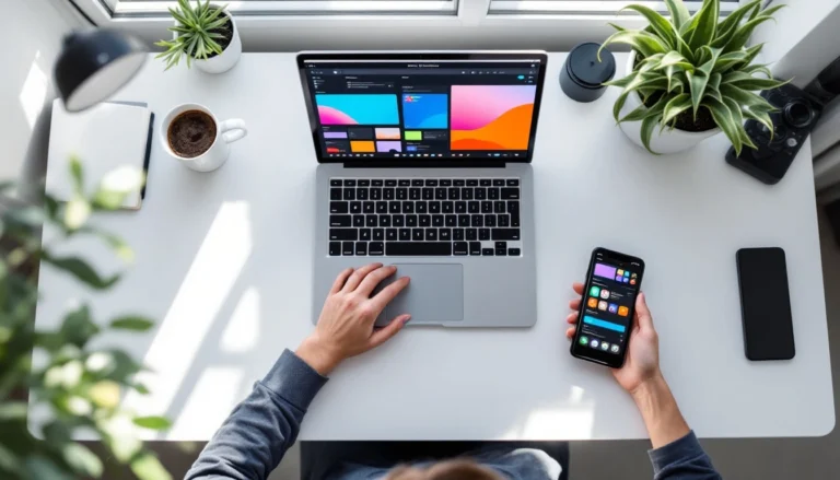 Multiple devices on a desk showing content management interfaces in a modern workspace