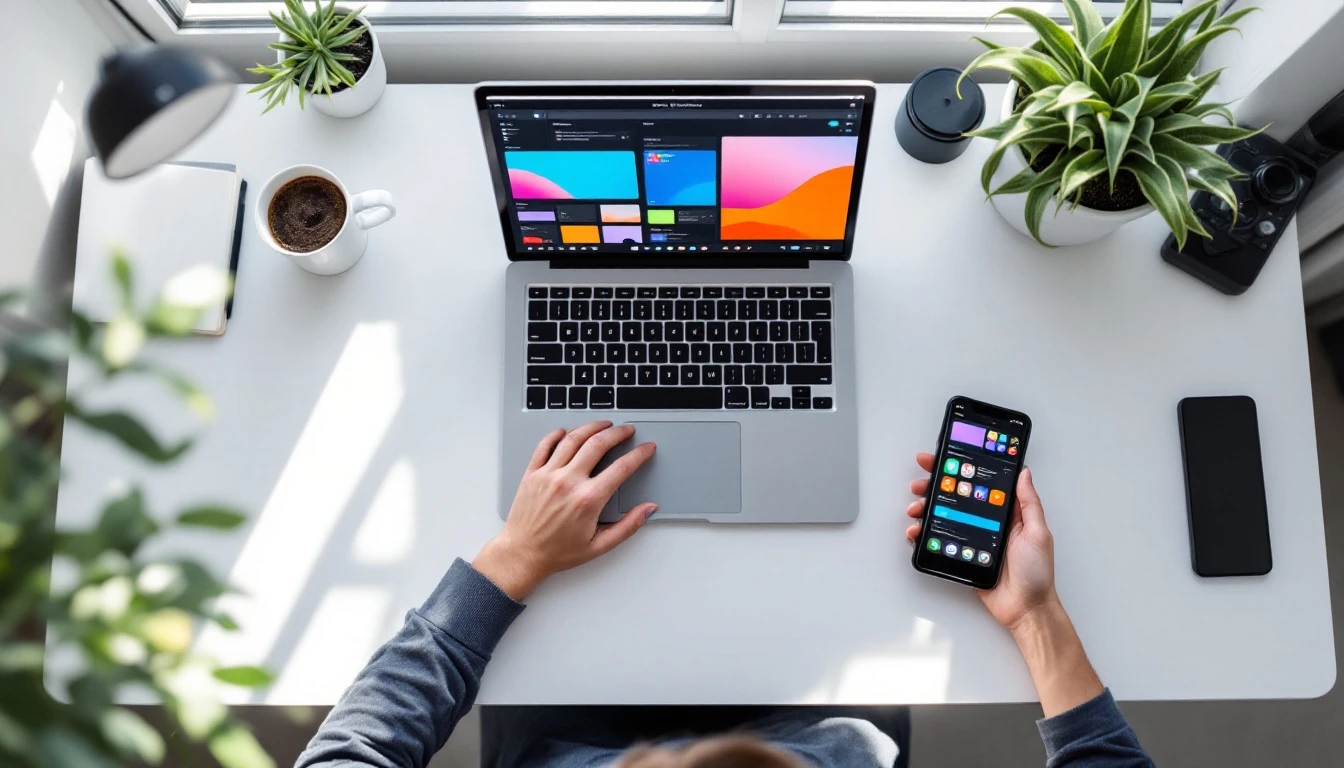 Multiple devices on a desk showing content management interfaces in a modern workspace