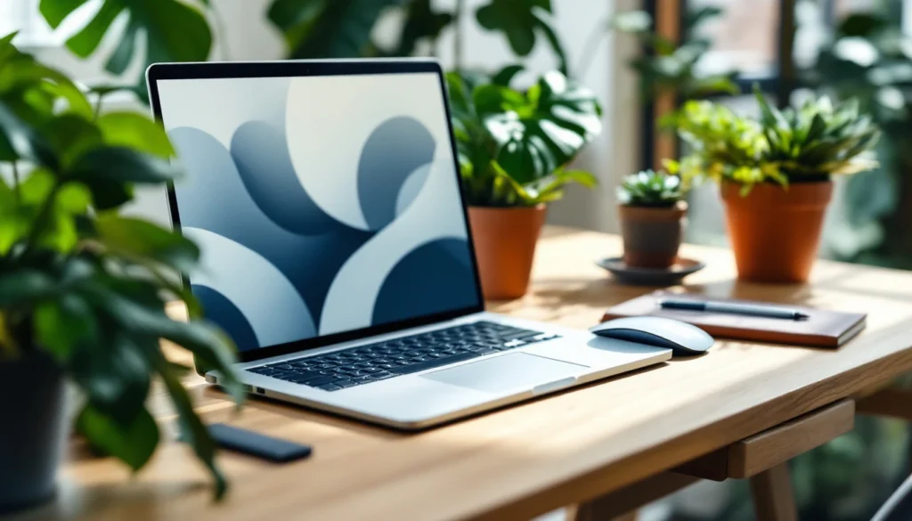 Professional desk workspace with laptop, plants, and notebooks for SEO content strategy planning