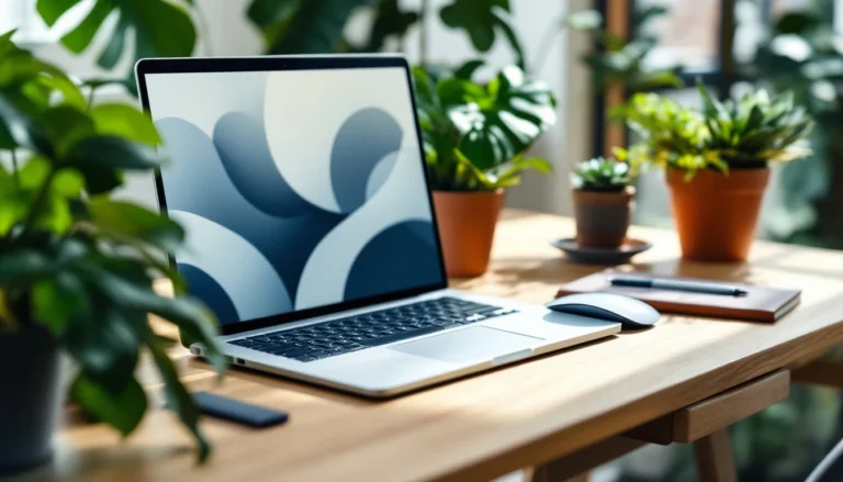 Professional desk workspace with laptop, plants, and notebooks for SEO content strategy planning