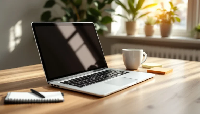 Content marketer workspace with laptop, coffee, and notebook on wooden desk with natural lighting
