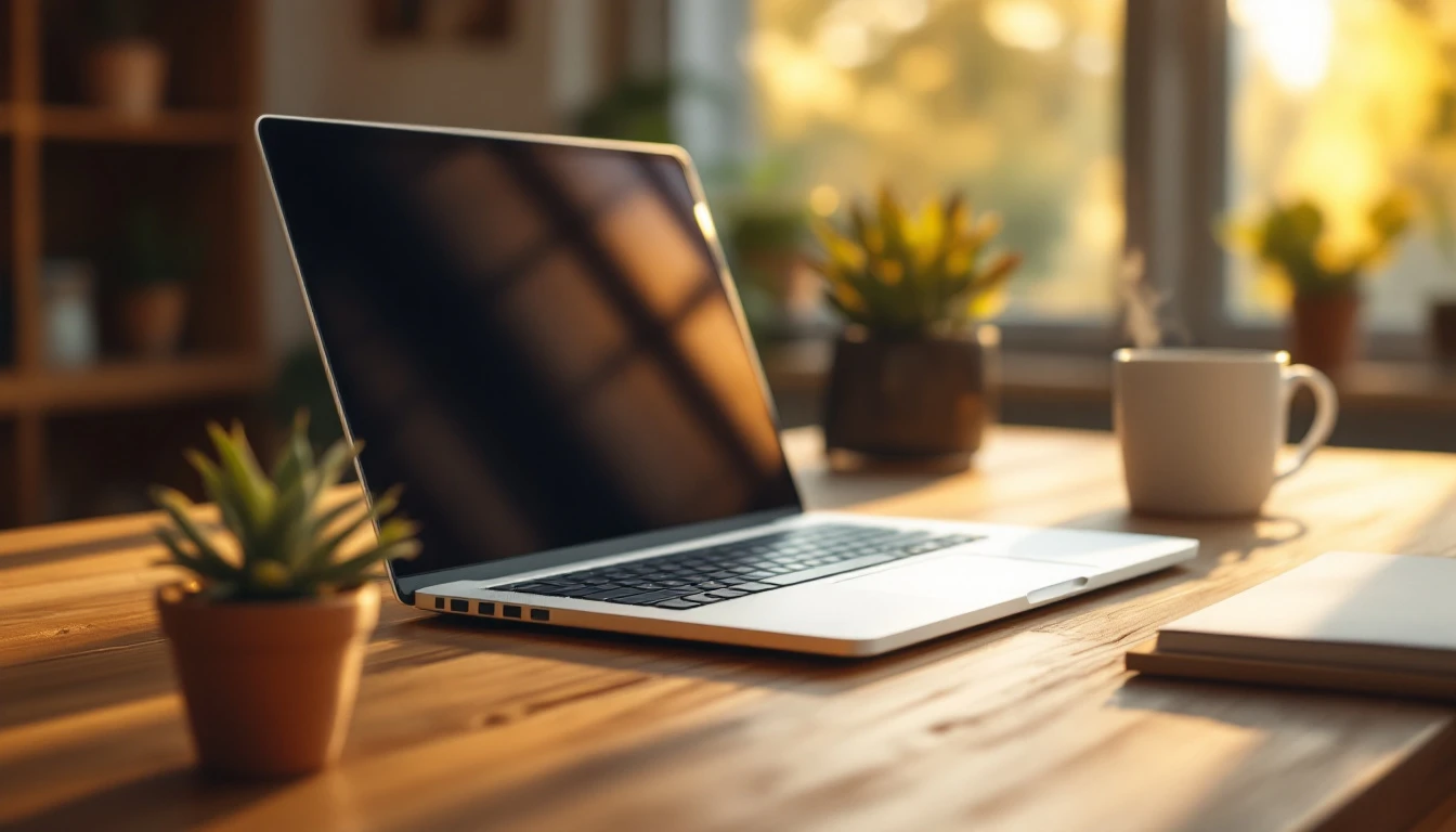 Modern laptop workspace with coffee and plants showing content management workflow environment