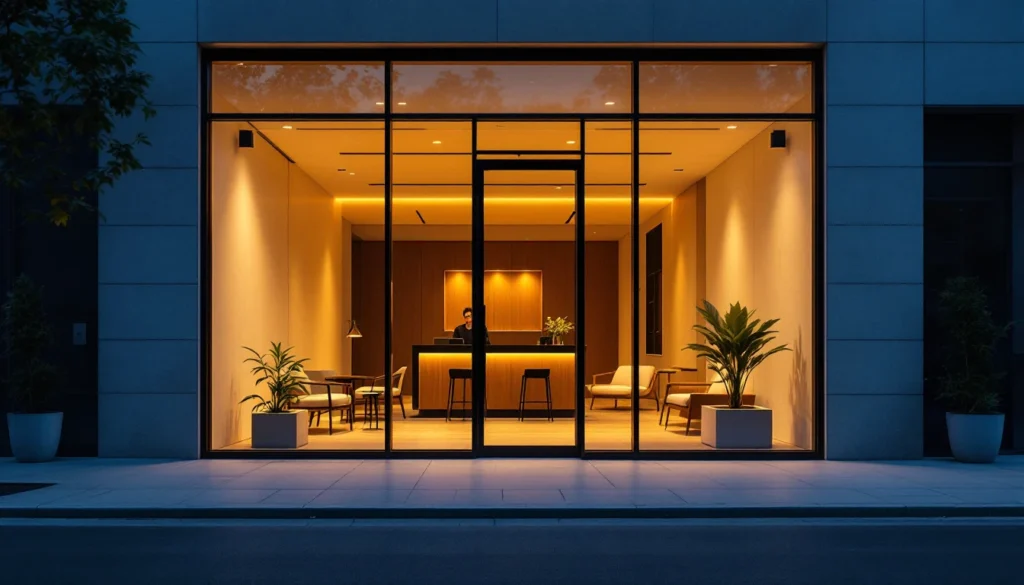 Modern service business storefront with transparent glass windows and warm interior lighting at dusk