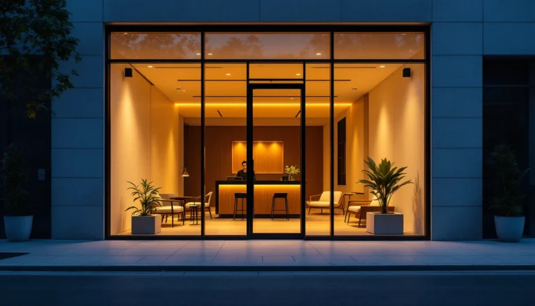 Modern service business storefront with transparent glass windows and warm interior lighting at dusk