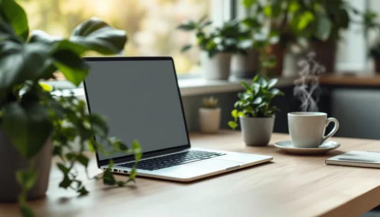 Modern laptop workspace with plants and coffee on a minimalist desk for content marketing professionals
