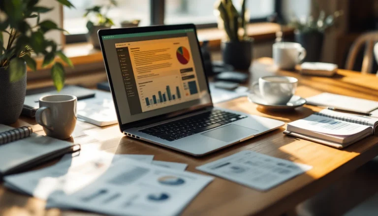 Office workspace with laptop, printed analytics, and content strategy materials on wooden desk