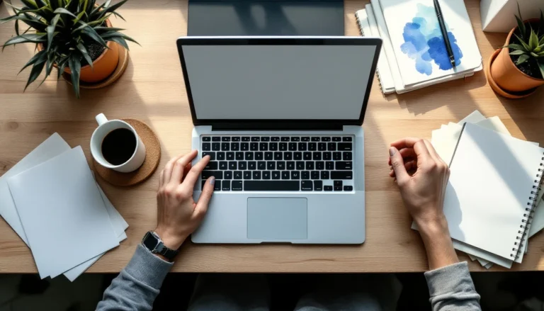 Overhead view of organized workspace with laptop, coffee, and blank notebooks for competitive research