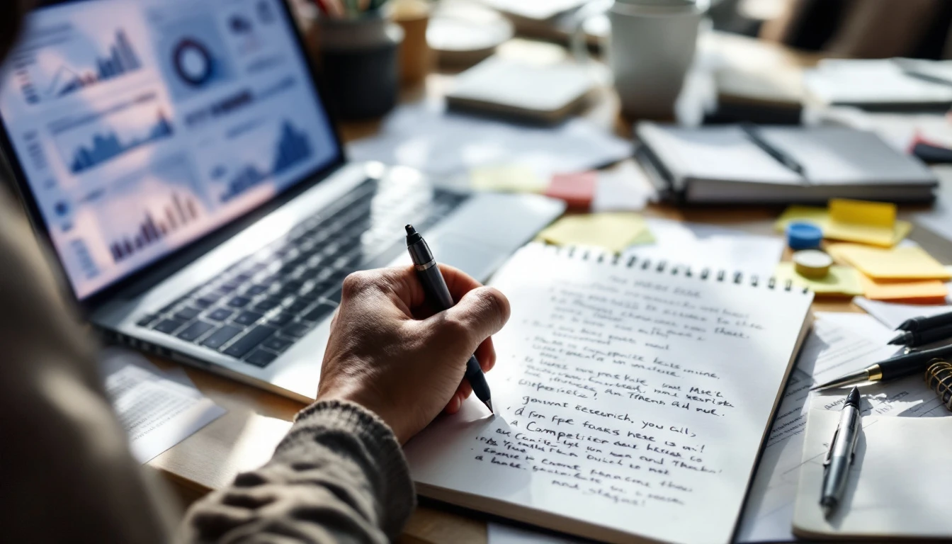 Workspace showing competitive research materials and SEO analysis tools during content strategy planning