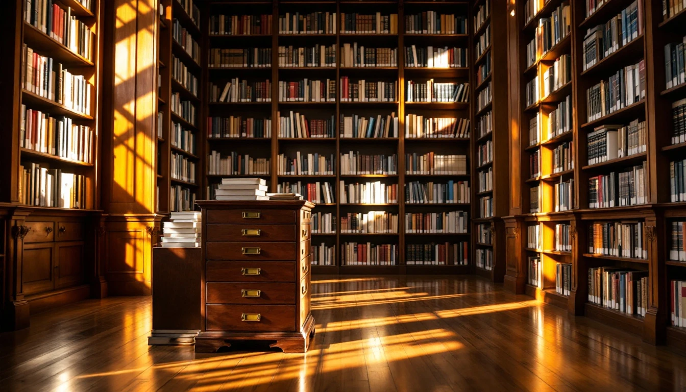 Organized library shelves with systematic cataloging demonstrating accumulated knowledge and curation