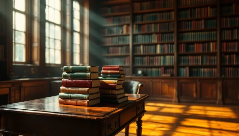 Vintage library interior with wooden shelves, stacked books on mahogany desk, and warm natural lighting